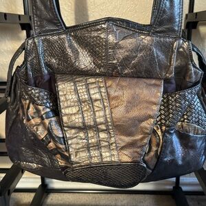 Patchwork Purse Leather Shoulder Bag Vintage Festival Metallic Black and Gold